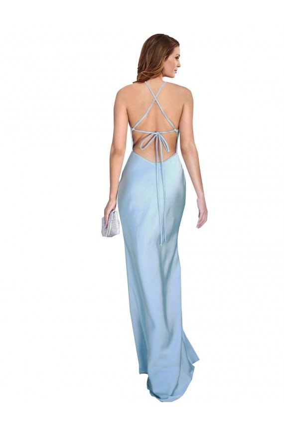 Open Back with Ties Cowl Neck Sheath Formal Silky Satin Long Bridessmaid Dress Bristol