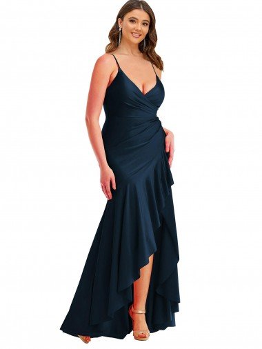 Pleated Wrap Ruffled High Low Formal Silky Satin Bridesmaid Dress / Prom Dress Bristol
