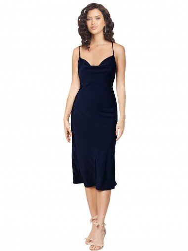 Short Cocktail Midi Length Formal Silky Satin Bridesmaid Dress / Prom Dress with Cowl Neck and Cross Back Straps Bristol