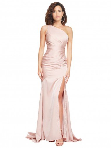 Full Length One Shoulder Long Formal Silky Satin Bridesmaid Dress / Prom Dress with High Split Bristol