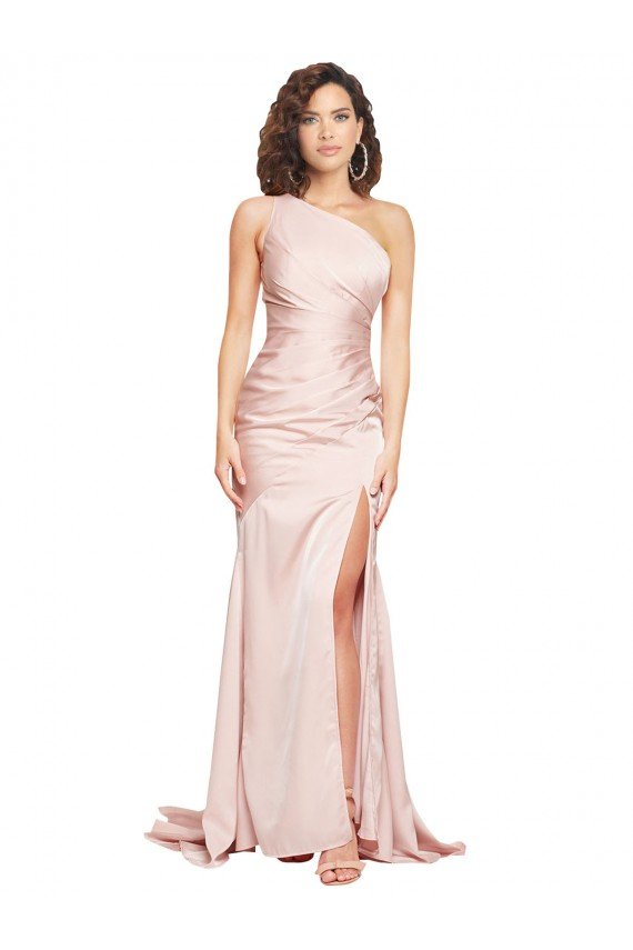 Full Length One Shoulder Long Formal Silky Satin Bridesmaid Dress / Prom Dress with High Split Bristol