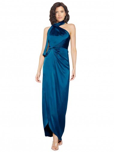 High Halter Neck Formal Silky Satin Bridesmaid Dress / Prom Dress with Sash Overlay and Side Split Bristol