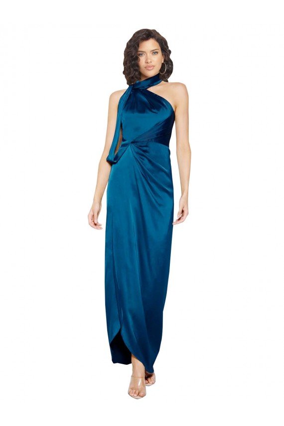 High Halter Neck Formal Silky Satin Bridesmaid Dress / Prom Dress with Sash Overlay and Side Split Bristol