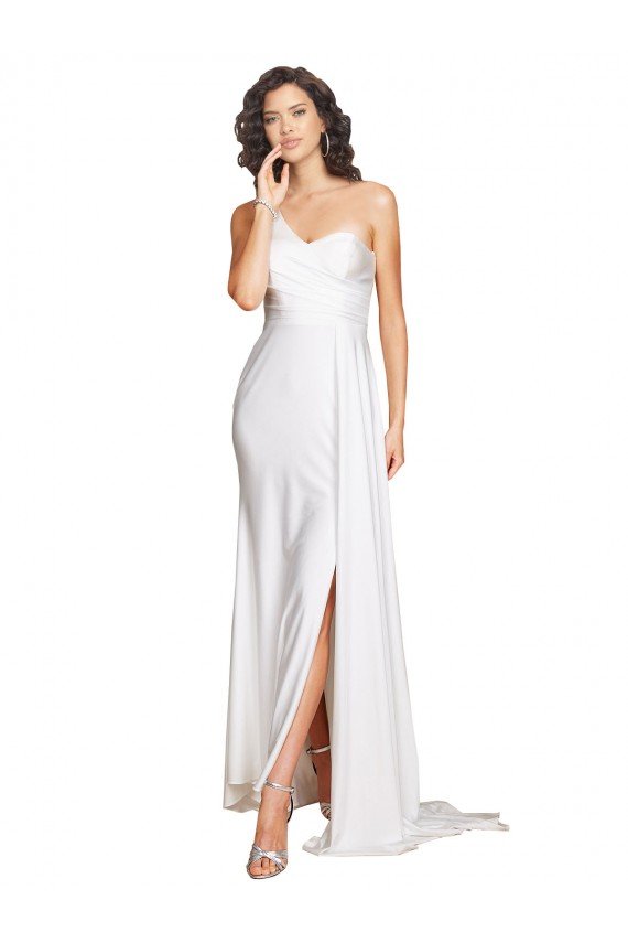 One Shoulder Floor Length Silky Satin Wedding Dress with Side Slit Bristol