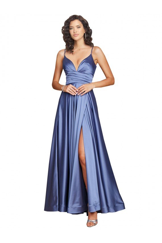 Deep V-Neck Sweetheart Long Formal Silky Satin Bridesmaid Dress / Prom Dress with Thigh High Slit Bristol