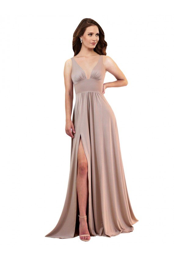 Long A-Line Plunge V-Neckline Formal Spandex Bridesmaid Dress / Prom Dress with Slit Bristol