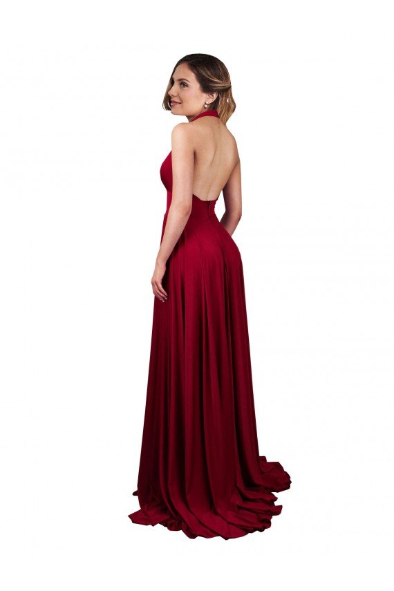 A-Line Halter Plunge V-Neckline Open Back Formal Spandex Bridesmaid Dress / Prom Dress with Slit Bristol