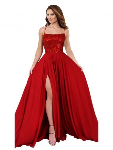 Lace Over Bodice Long Spandex Bridesmaid Dress / Prom Dress with Slit Bristol