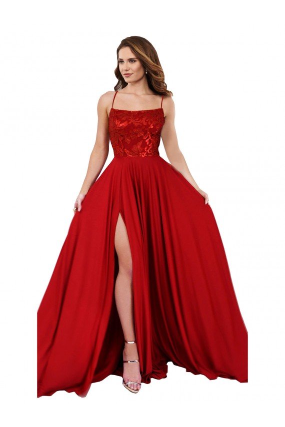 Lace Over Bodice Long Spandex Bridesmaid Dress / Prom Dress with Slit Bristol