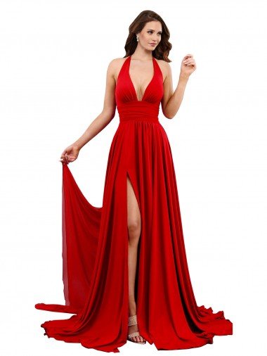 High Slit A-Line Halter Long Formal Spandex Bridesmaid Dress / Prom Dress Open Back Bristol