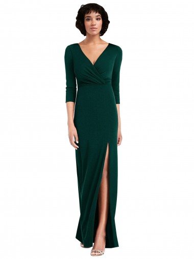 Floor Length 3/4 Sleeves V-Back Draped Wrap Formal Maxi Spandex Bridesmaid Dress / Prom Dress Bristol