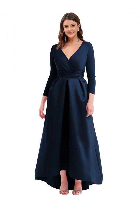 Long Sleeves Wrapped Formal Spandex Bridesmaid Dress / Prom Dress with High Low Full Skirt and Pockets Bristol