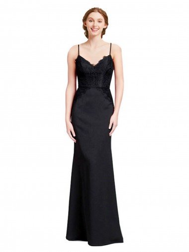 Long Chiffon Bridesmaid Dress / Prom Dress with Lace Bodice and Curved V-Neckline Bristol