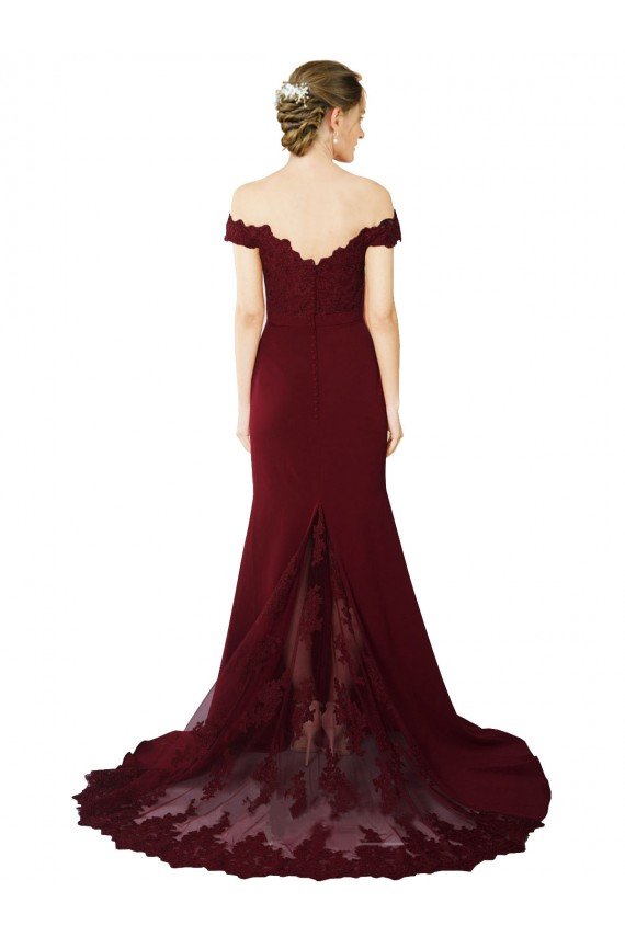 Full Length Off the Shoulder Formal Crepe Bridesmaid Dress / Prom Dress with Lace On Bodice and Back Bristol