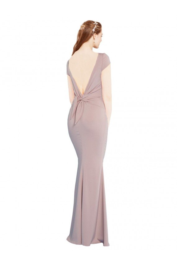 Boat Neck Cap Sleeve Formal Crepe Bridesmaid Dress / Prom Dress with Plunging Tie Back Bristol