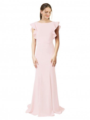 Low V-Back Long Mermaid Crepe Bridesmaid Dress / Prom Dress with Ruffled Sleeves Bristol