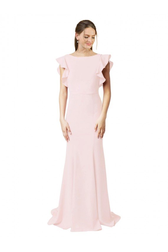 Low V-Back Long Mermaid Crepe Bridesmaid Dress / Prom Dress with Ruffled Sleeves Bristol