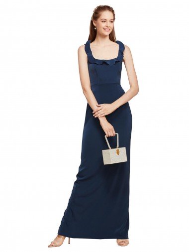 Scoop Neck with Ruffles Long Formal Crepe Bridesmaid Dress / Prom Dress with Back Slit Bristol