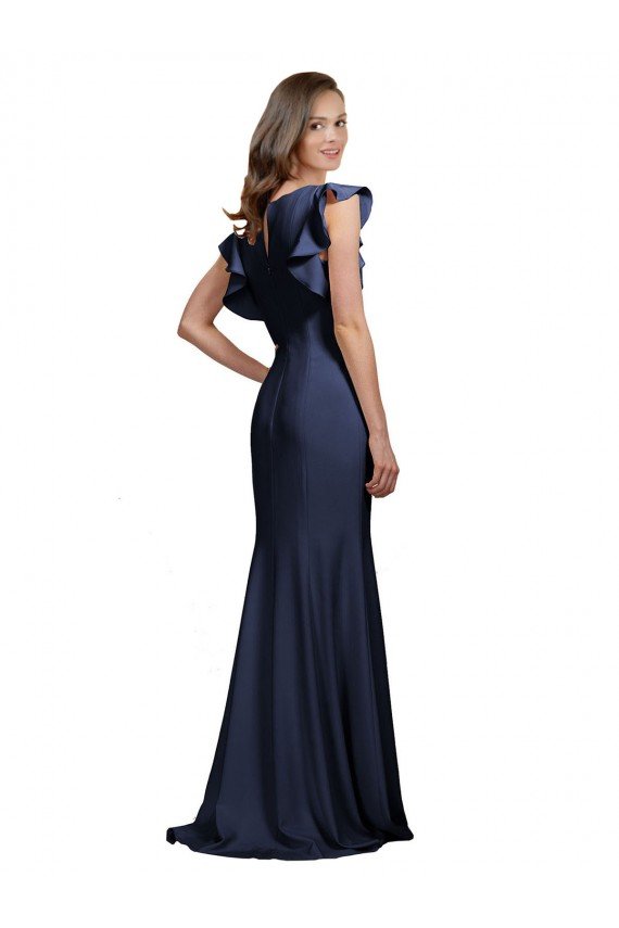 Sleeveless Crepe Bridesmaid Dress / Prom Dress with Cascading Ruffle and Keyhole Back Bristol