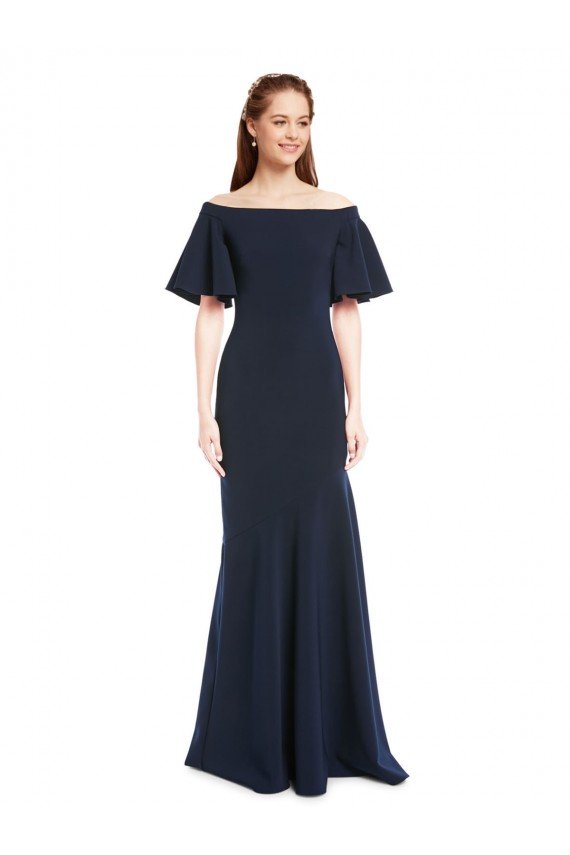 Off the Shoulder Formal Crepe Bridesmaid Dress / Prom Dress with Short Ruffle Sleeves. Bristol