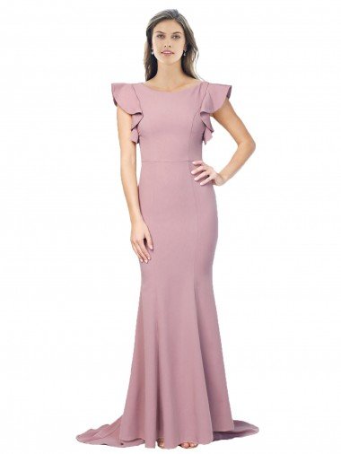 Flutter Sleeves Low V-Back High Round Neck Formal Crepe Bridesmaid Dress / Prom Dress Bristol