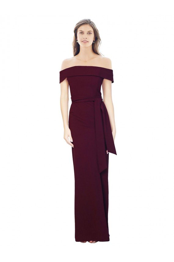 Off the Shoulder Long Formal Crepe Bridesmaid Dress / Prom Dress with Waist Tie Bristol