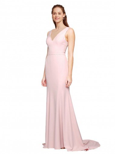 Deep V-Neckline and Back Long Sweep Train Crepe Bridesmaid Dress / Prom Dress with Shoulder Straps Bristol