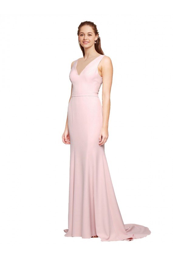 Deep V-Neckline and Back Long Sweep Train Crepe Bridesmaid Dress / Prom Dress with Shoulder Straps Bristol