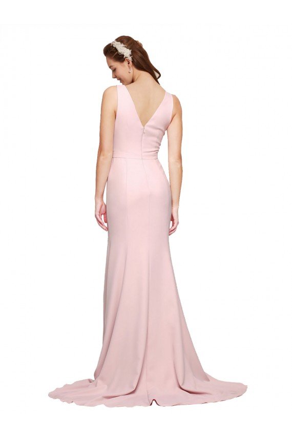 Deep V-Neckline and Back Long Sweep Train Crepe Bridesmaid Dress / Prom Dress with Shoulder Straps Bristol