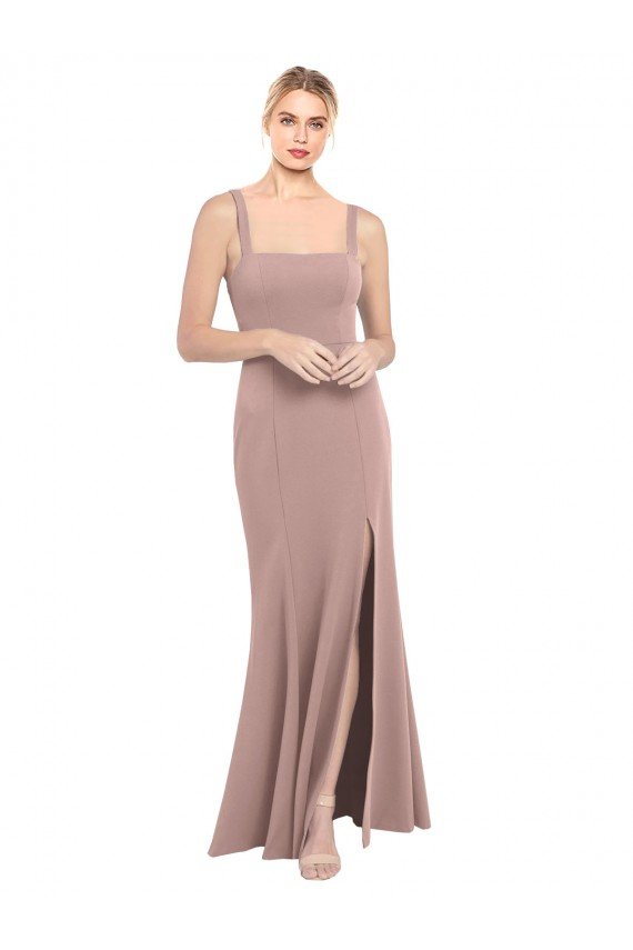 Square Neck Fit and Flare Long Stretch Crepe Bridesmaid Dress / Prom Dress with Side Slit Bristol