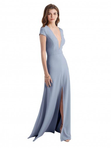 Plunging V-Neck Cap Sleeves Stretch Crepe Bridesmaid Dress / Prom Dress with Front Slit Bristol