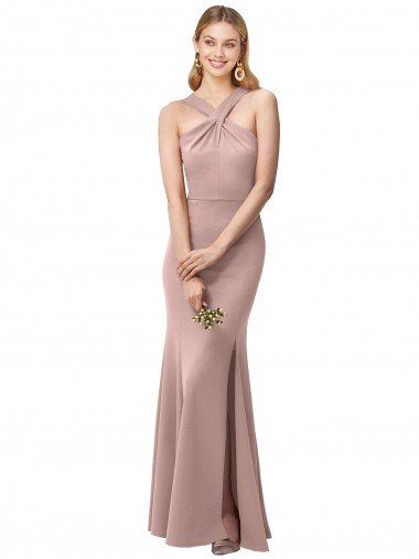 Long Floor Length High Neck Fit and Flare Stretch Crepe Bridesmaid Dress / Prom Dress with Side Slit Bristol
