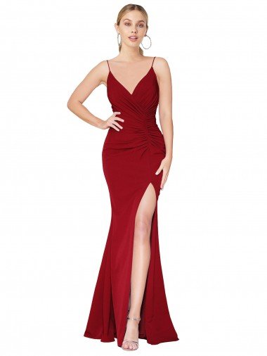 Spaghetti Straps V-Neck Long Formal Crepe Dress with High Slit Bristol