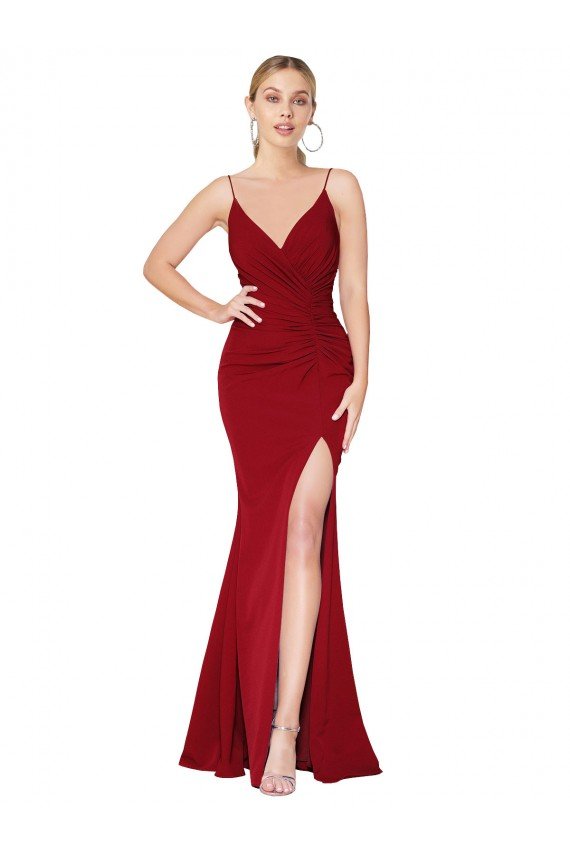 Spaghetti Straps V-Neck Long Formal Crepe Dress with High Slit Bristol
