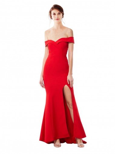 Off the Shoulder Sweetheart Maxi Formal Crepe Bridesmaid Dress / Prom Dress With Thigh Split and Train Bristol