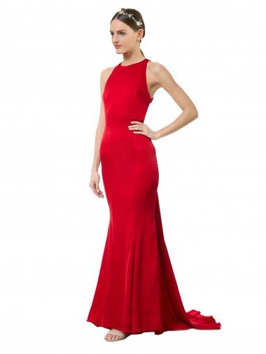 High Neck Mermaid Open Back Formal Crepe Maxi Bridesmaid Dress / Prom Dress with Train Detail Bristol