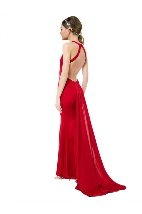 High Neck Mermaid Open Back Formal Crepe Maxi Bridesmaid Dress / Prom Dress with Train Detail Bristol