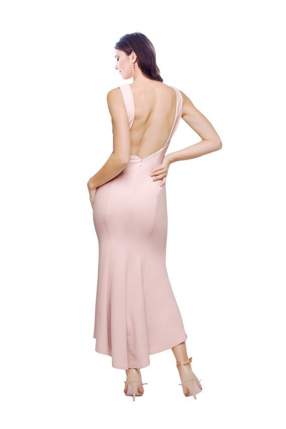 High Neck Low V-Back Cocktail Midi Length Formal Crepe Bridesmaid Dress / Prom Dress Bristol