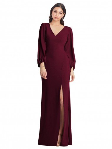 Long Puff Sleeve V-Neck Trumpet Bridesmaid Maxi Dress Bristol