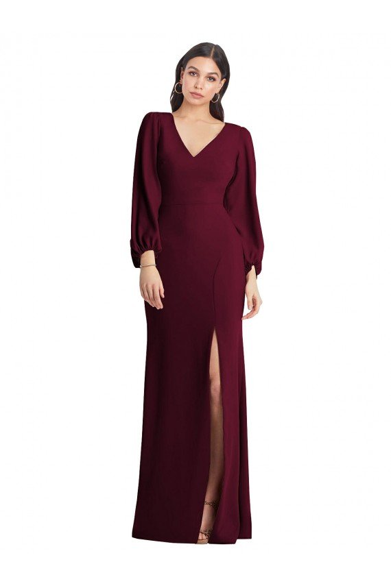 Long Puff Sleeve V-Neck Trumpet Bridesmaid Maxi Dress Bristol
