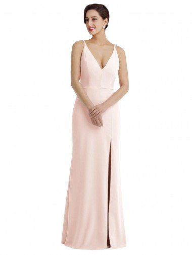 Skinny Strap Deep V-Neck Trumpet Formal Crepe Bridesmaid Dress / Prom Dress with Front Slit Bristol