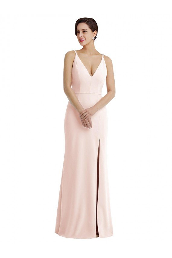 Skinny Strap Deep V-Neck Trumpet Formal Crepe Bridesmaid Dress / Prom Dress with Front Slit Bristol