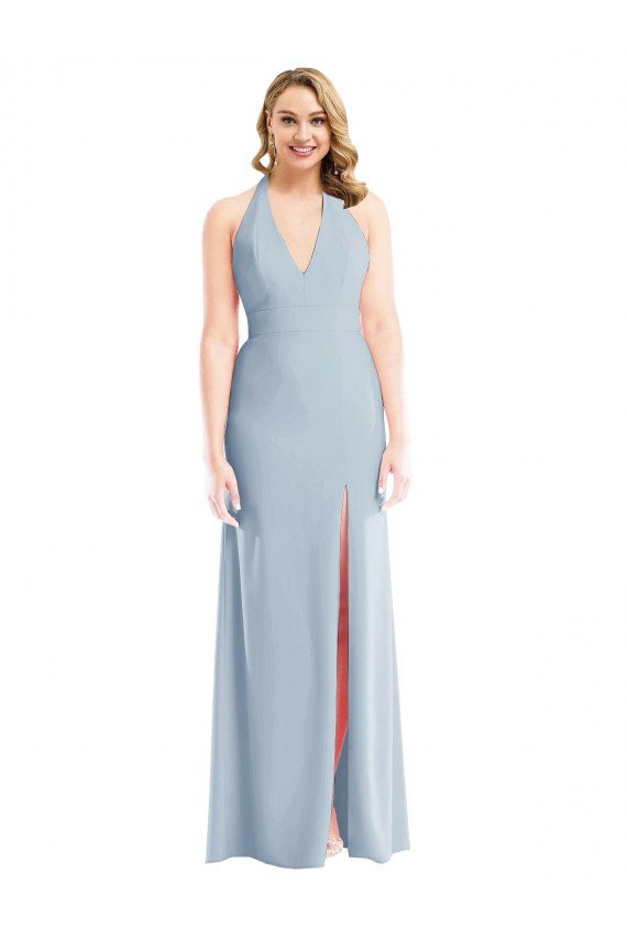 Plunge Neck Halter Backless Trumpet Bridesmaid Dress / Prom Dress with Front Slit Bristol