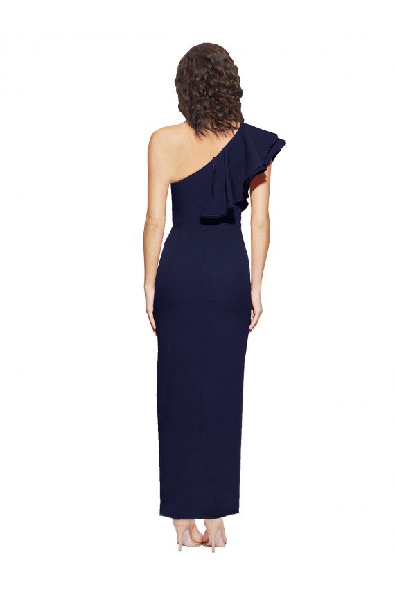 Ruched Floor Length Long Formal Crepe Bridesmaid Dress / Prom Dress with Shoulder Ruffles Bristol