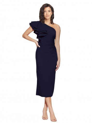 Ruched Midi Length Short Cocktail Formal Crepe Bridesmaid Dress / Prom Dress with Shoulder Ruffles Bristol