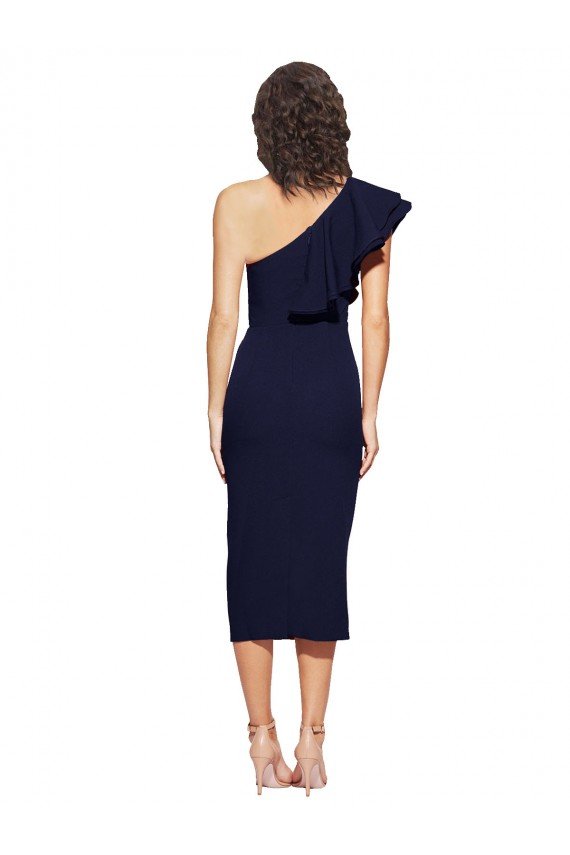 Ruched Midi Length Short Cocktail Formal Crepe Bridesmaid Dress / Prom Dress with Shoulder Ruffles Bristol