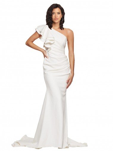 Ruched Long Sweep Train Crepe Bridesmaid Dress / Prom Dress with Shoulder Ruffles Bristol