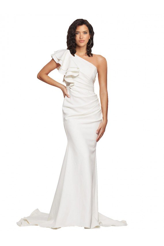 Ruched Long Sweep Train Crepe Bridesmaid Dress / Prom Dress with Shoulder Ruffles Bristol