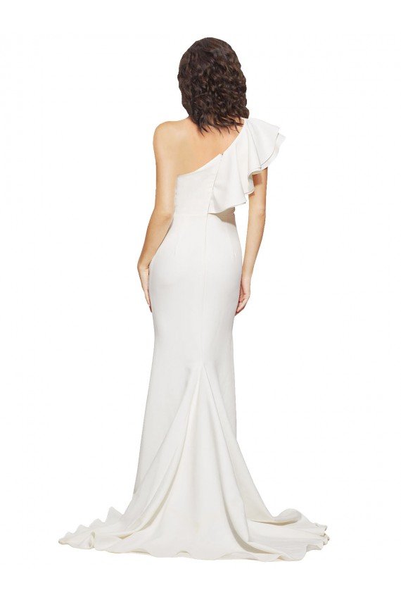 Ruched Long Sweep Train Crepe Bridesmaid Dress / Prom Dress with Shoulder Ruffles Bristol