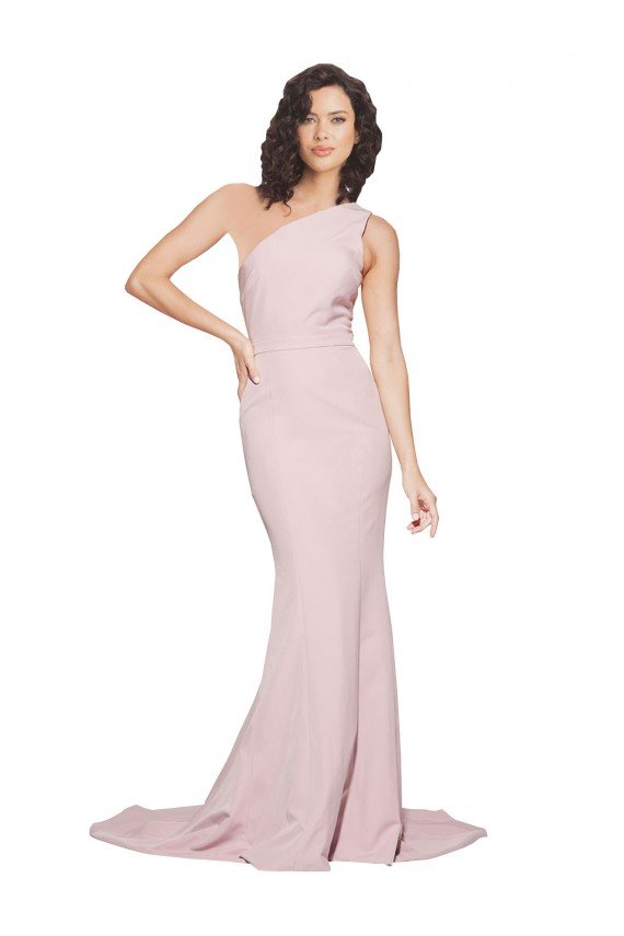 Long Sweep Train One Shoulder Crepe Bridesmaid Dress / Prom Dress with Side Leg Split Bristol